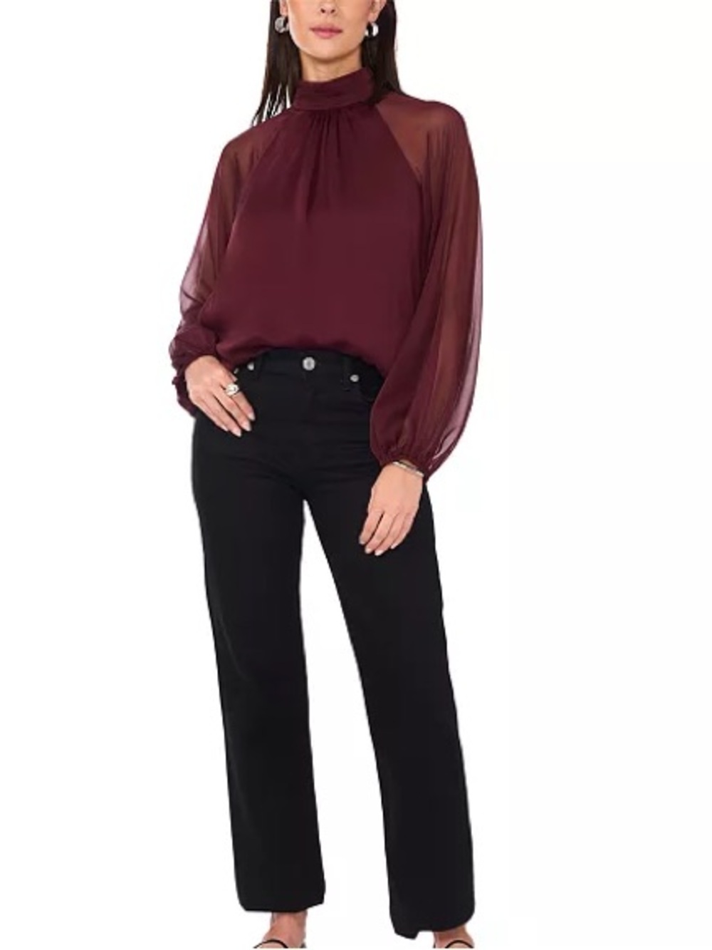 1.State Women's Mock Neck Raglan Sheer Balloon Sleeve Blouse, Small, NWT - Picture 4 of 13